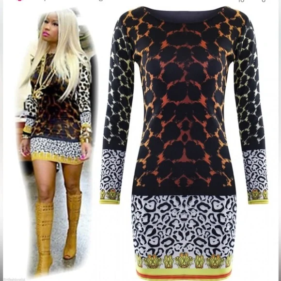 Nicki Minaj Inspired Leopard Print Long Sleeve Dress - Picture 1 of 4
